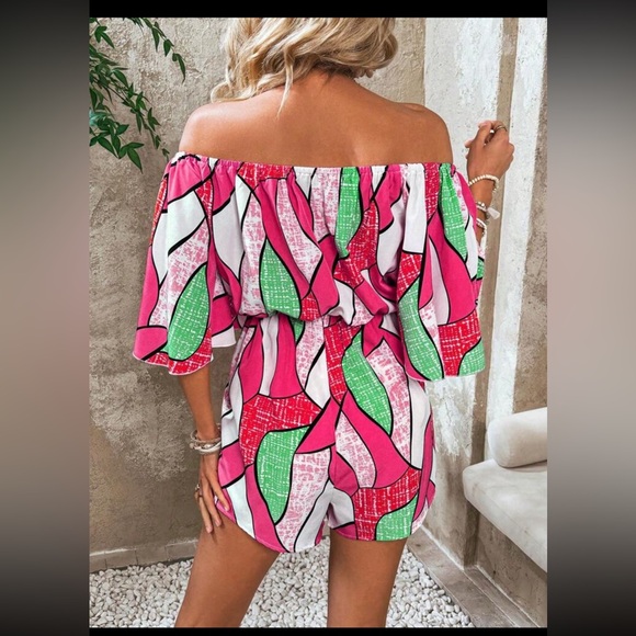 Off Shoulder Floral Print Abstract Pink, Trumpet Sleeves, Shorts Boho Rompers - Picture 2 of 3